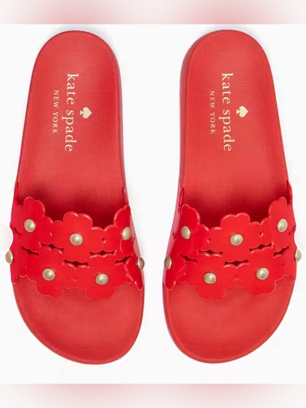 Kate Spade Red Floral Slide Sandals with Gold Studs